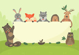 Forest animals hold empty banner. Bear, hare, fox, owl, wolf, hedgehog and deer with board. Woodland. Children's vector nature illustration with place for your text.