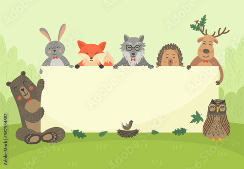 Forest animals hold empty banner. Bear, hare, fox, owl, wolf, hedgehog and deer with board. Woodland. Children's vector nature illustration with place for your text.