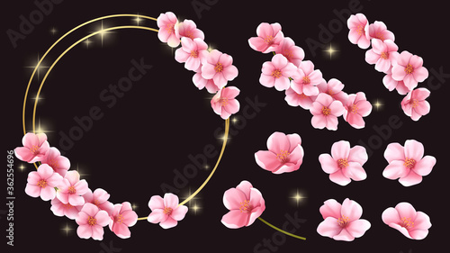 Pink flower, gold frame and sparkle vector illustration, Flowers can be disassembled for decoration. dark color background. Vector illuatration.