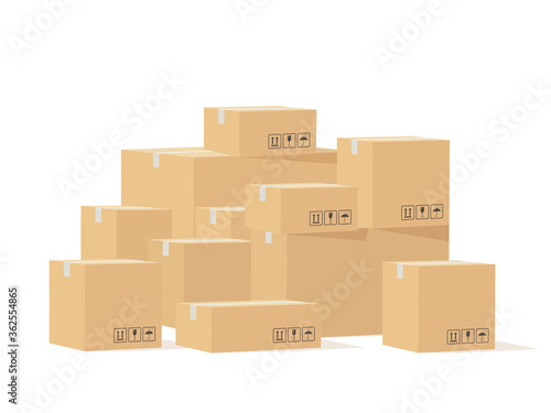 Box pile. Cardboard boxes different size with fragile signs, shipping goods carton package, stockpile cargo storage, delivery vector concept © YummyBuum
