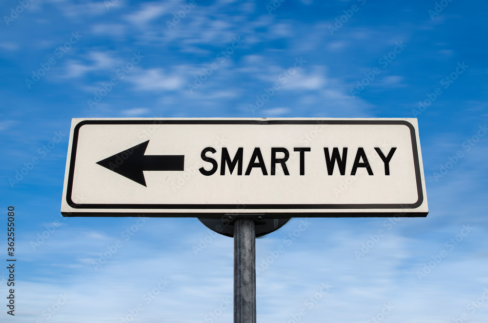 Smart way road sign, arrow on blue sky background. One way blank road sign with copy space. Arrow on a pole pointing in one direction. Smart way road sign, arrow on blue sky background. One way blank road sign with copy space. Arrow on a pole pointing in one direction.
