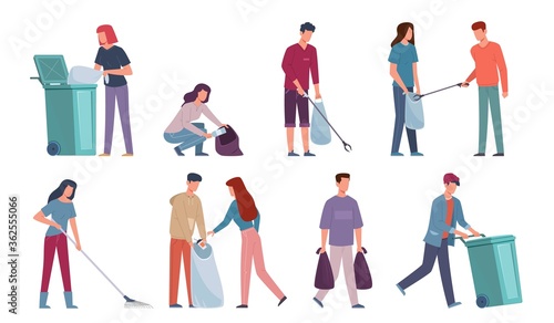 People collecting garbage. Men and women sorting recycling waste, cleaning environment, volunteers protection nature vector concept