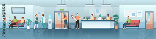 Hospital interior. Medical clinic hall with patients and doctors, professional therapist consultation, aid reception vector concept