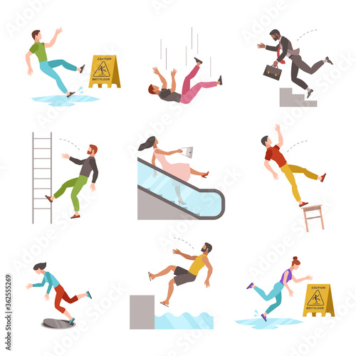 Falling people. Fall down stairs, slipping wet staircase or floor, stumbling man injured, dangerous dropping from chair, accident vector flat cartoon isolated characters