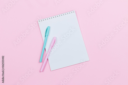 Notebook with blank page and two pens on a pink background.