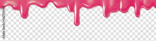 Pink dripping slime. Flowing glossy liquid caramel, realistic paint drip, splash of nail polish or dessert glaze, colorful border, vector template isolated on transparent background