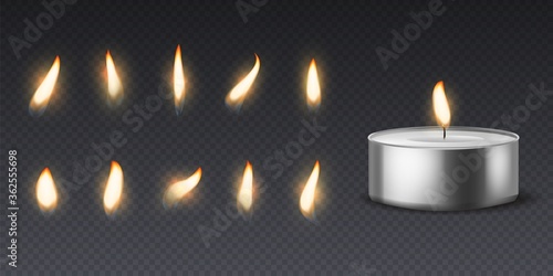Tea wax candle with flame. Realistic burning 3d candles light and varios flames for animation picture, vector set isolated on black background