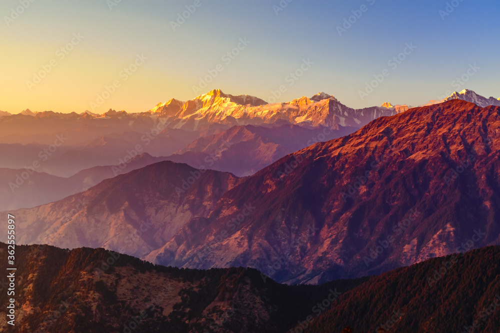 View during sunset enroute to Tungnath-Chandrashila hiking trail in Chopta, Uttarakhand, India