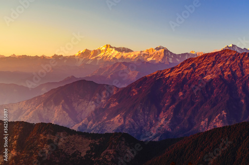 View during sunset enroute to Tungnath-Chandrashila hiking trail in Chopta, Uttarakhand, India
