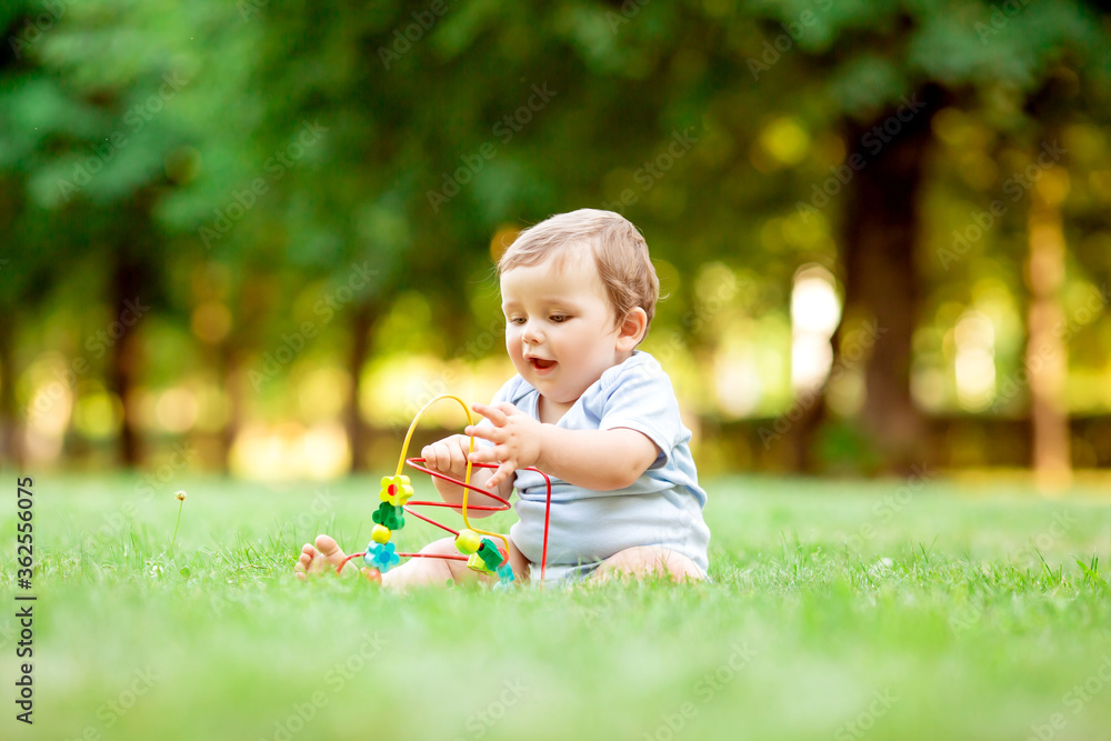 Healthy toddler plays with developing toy sitting on summer grass Healthy toddler plays with developing toy sitting on summer grass