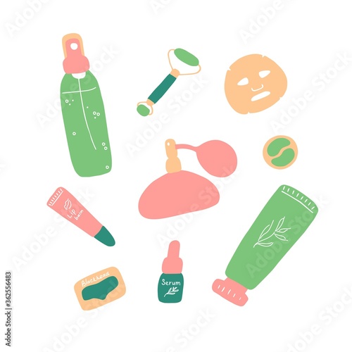 Skin care. Cosmetic products and accessories. Beauty icons for digital and print. Cute hand drawn flat vector graphic
