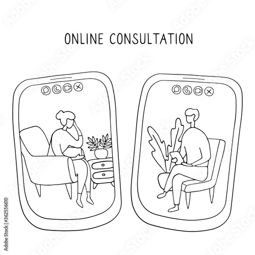 Woman at the psychologist online session. Doctor consultation by phone. Video call to psychiatrist. Online psychological therapy. Hand drawn doodle vector graphic