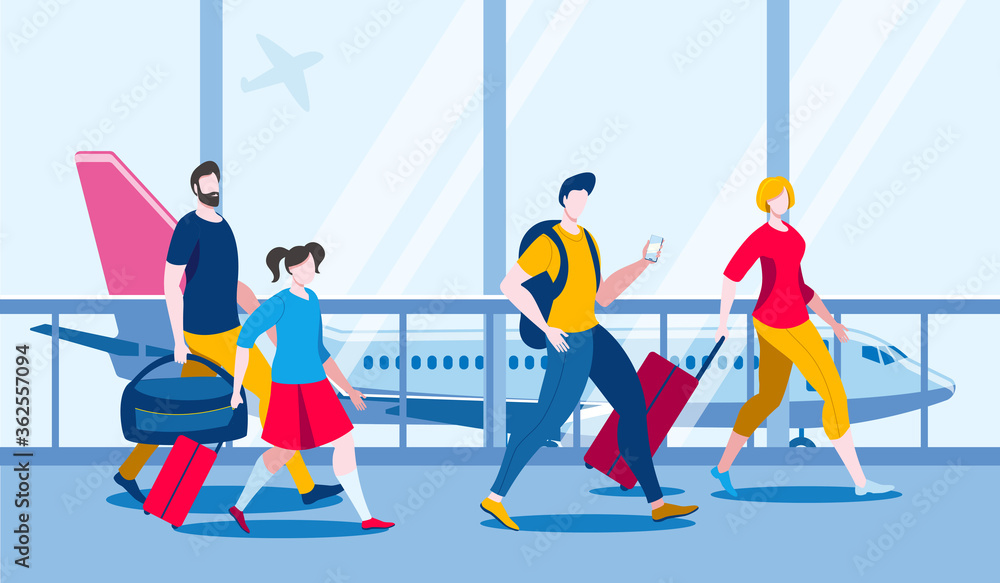 People with hand Luggage to go on Board the aircraft. Vector illustration in flat style.