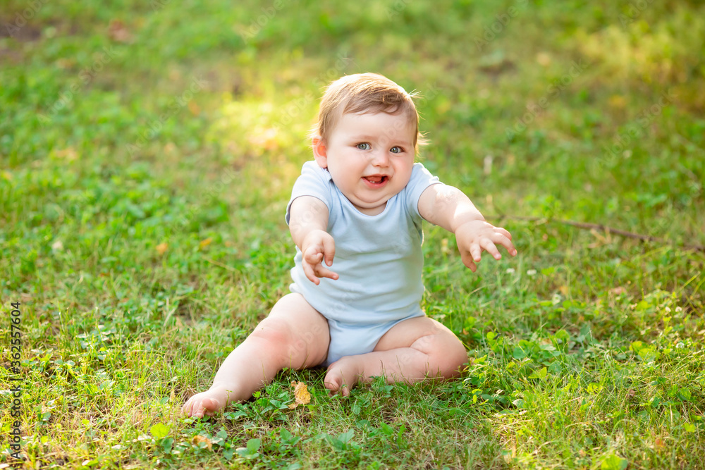 Cute baby boy 10 months in blue bodysuit learns to crawl on the grass in summer Cute baby boy 10 months in blue bodysuit learns to crawl on the grass in summer