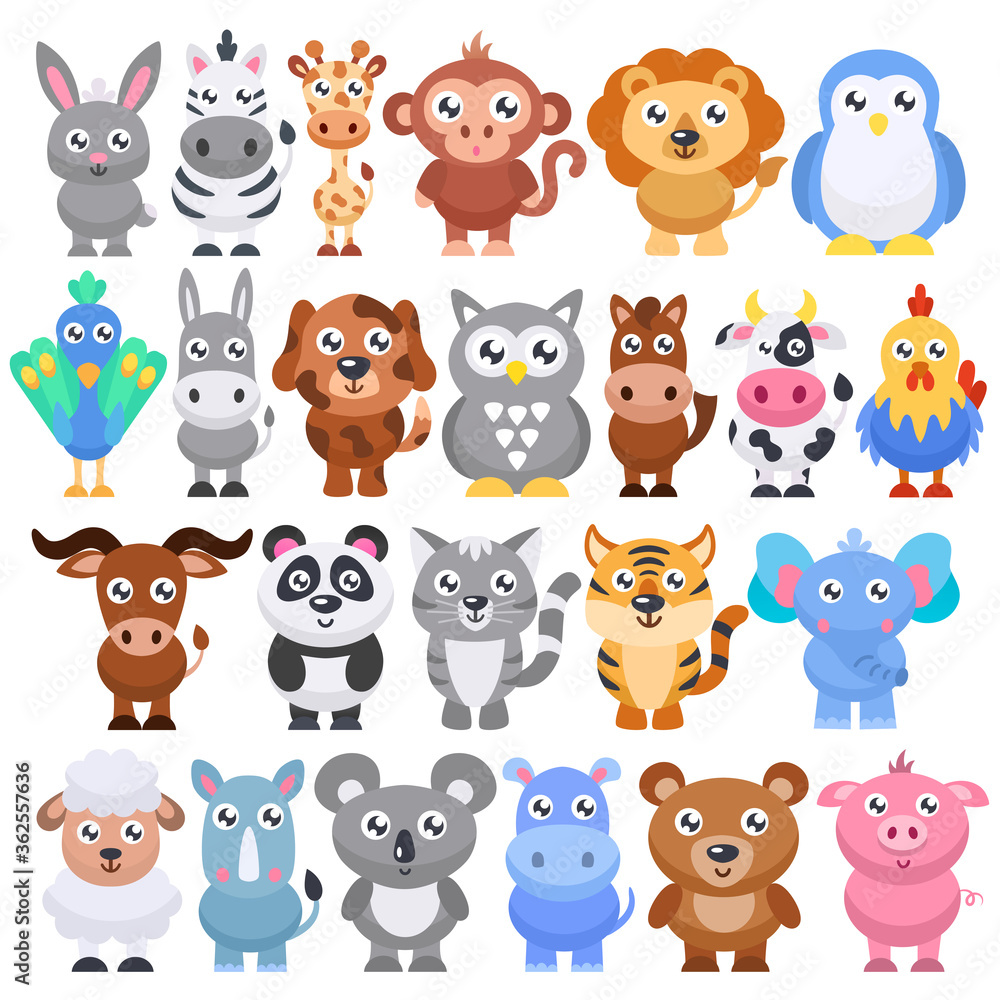 Obraz premium Collection of cute cartoon animals. Vector flat illustration.