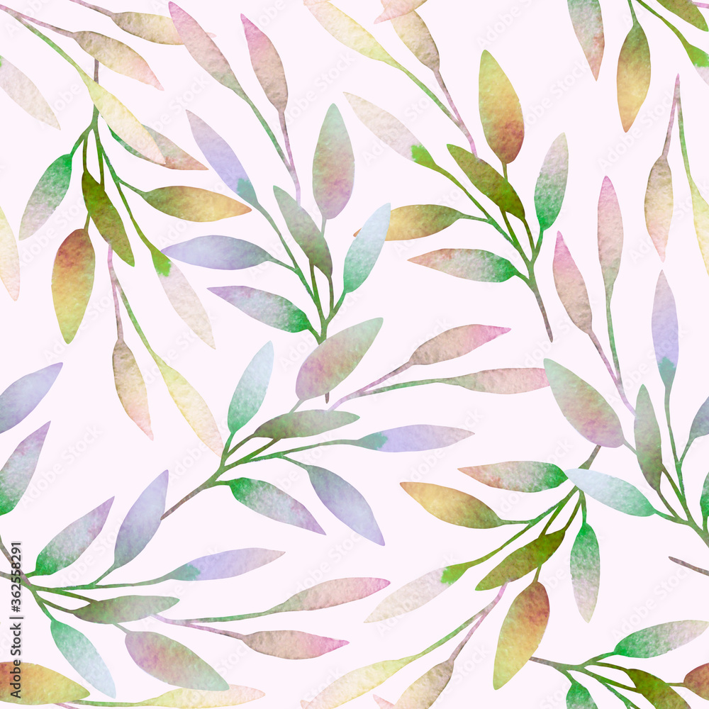 Watercolor seamless pattern. Twigs and leaves on pastel lilac background