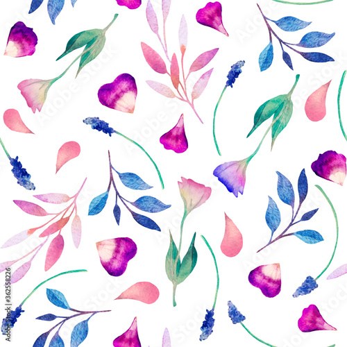 Watercolor seamless pattern. Roses  leaves  petals on a white background