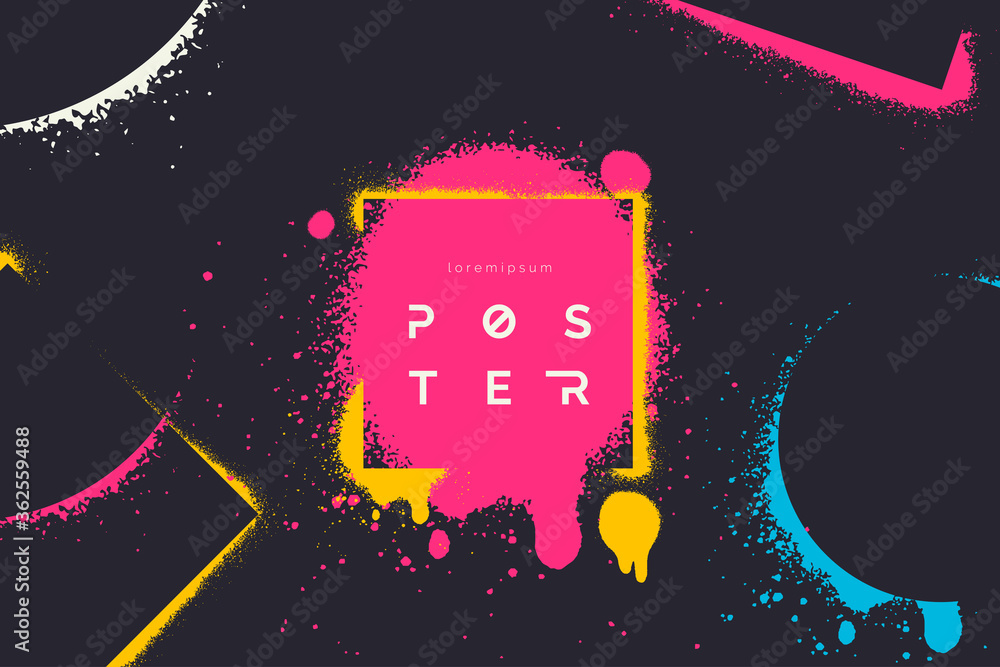 Abstract vector background with spray paint texture. Graffiti backdrop with blots of paint and place for text in neon colours. Minimalist poster concept. Art banner design. Grunge style. - obrazy, fototapety, plakaty 