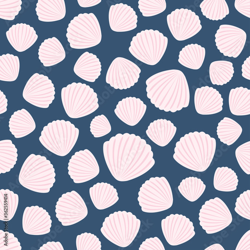 Light pink seashells on calm blue background. Seamless ocean sea flat pattern. Suitable for packaging, textile, poster, card.