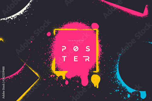 Abstract vector background with spray paint texture. Graffiti backdrop with blots of paint and place for text in neon colours. Minimalist poster concept. Art banner design. Grunge style.