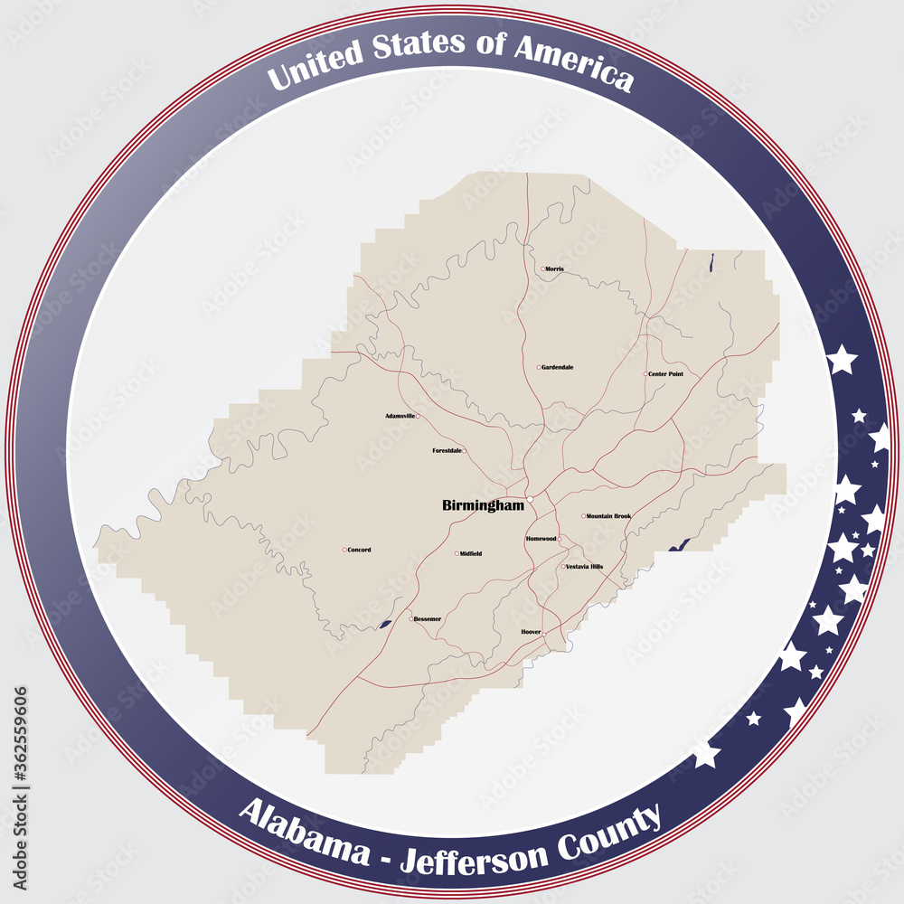 Fototapeta premium Round button with detailed map of Jefferson county in Alabama, USA.