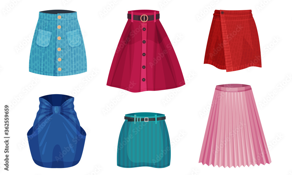 Different Skirt Models with Flared Skirt and Pleated Skirt Vector Set Different Skirt Models with Flared Skirt and Pleated Skirt Vector Set