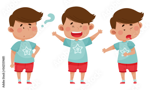 Dark Haired Boy Wearing Red Shorts Showing Different Emotions Vector Illustration