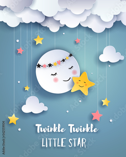 Cute moon and little star, goodnight and sweet dream illustration, nursery poster, Paper art vector.
