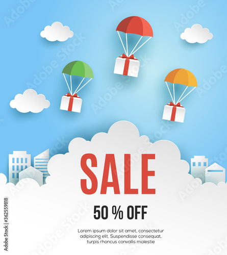 Sale banner template. Gift Box flying on parachutes, paper art style, vector illustration.