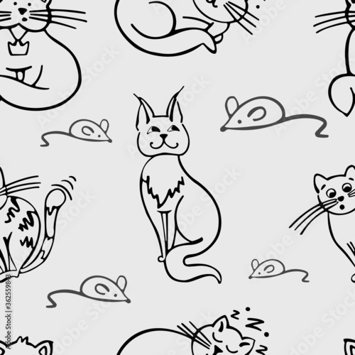 monochrome pattern with manually drawn cats and mice