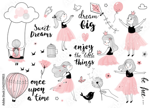 Little girl with bird, cute princess set, hand drawn nursery illustration