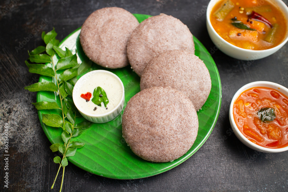 Ragi Idly, finger millet Idli, Sambar, coconut chutney healthy home
