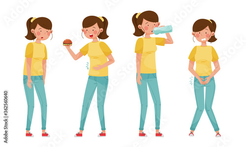 Female Character with Symptoms of Diabetes Vector Illustrations Set