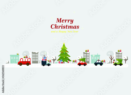 Christmas illustration with a map of the winter city. Vector illustration with houses, roads, trees, christmas trees, cars in a flat style. merry christmas and merry new year. christmas card.
