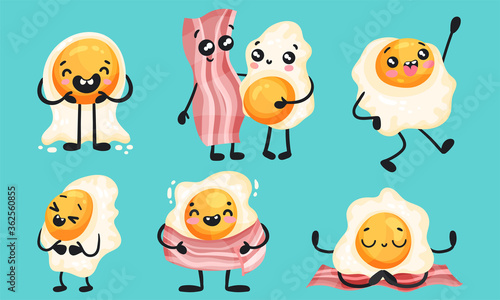 Cartoon Bacon Strip and Scrambled Egg Doing Different Activities Vector Set