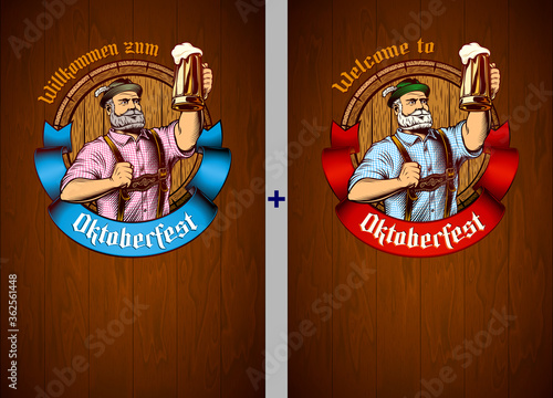 Invitation card with title Welcome to Oktoberfest on wooden background. Man holds beer mug in hand. Burgher in lederhosen. Template design poster, leaflet, flyer with copy space. Vector illustration. photo