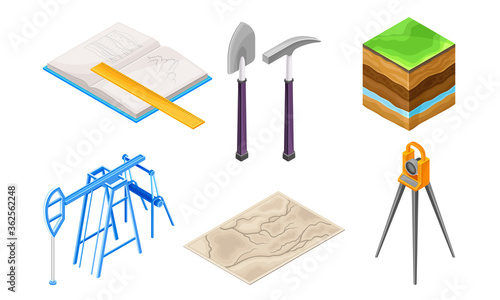 Geology Measurement Instruments with Soil Cross Section and Prospecting Hammer Vector Set