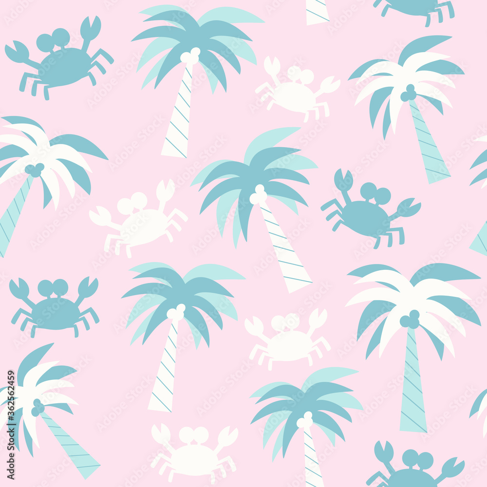 Cute colorful trendy summer seamless vector pattern background illustration with palm trees and crabs