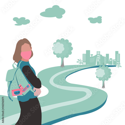 Cartoon young girl is standing, walking in the road To place with alcohol wipes, hands gel and personal utensils cutlery in her backpack,vector flat design illustration concept for travel new normal 