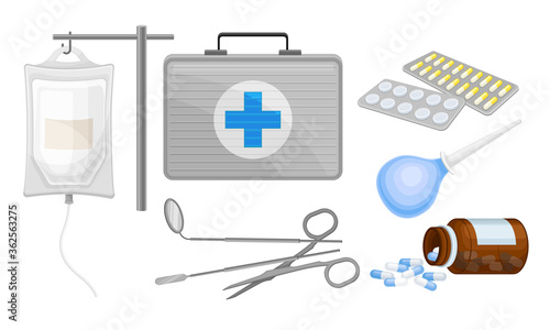 Medical Objects from First Aid Box with Pills in Blister Pack and Rubber Syringe Vector Set