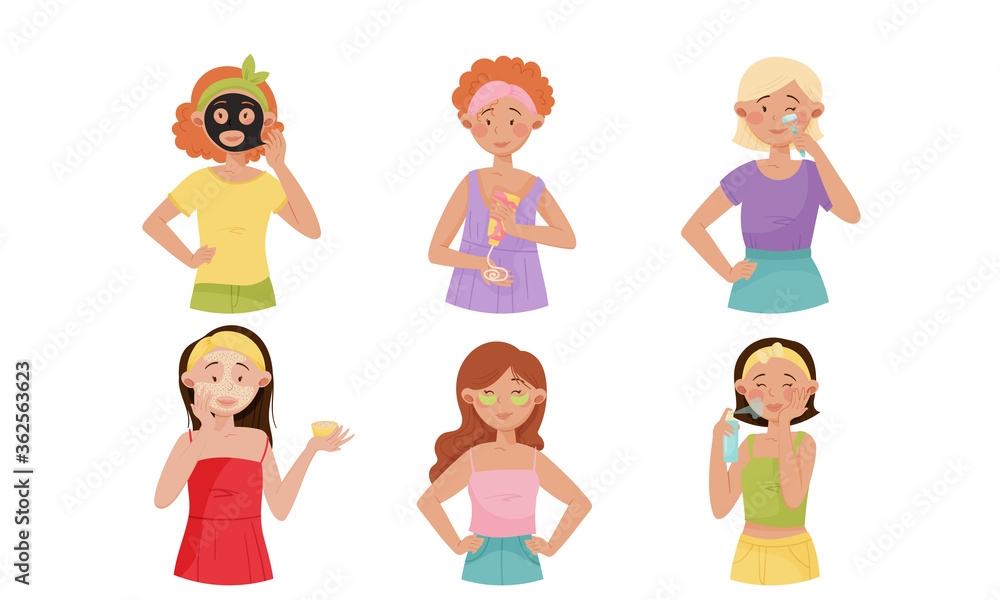 Young Girls Applying Cosmetic Cream, Oil and Facial Mask Vector Illustrations Set Young Girls Applying Cosmetic Cream, Oil and Facial Mask Vector Illustrations Set