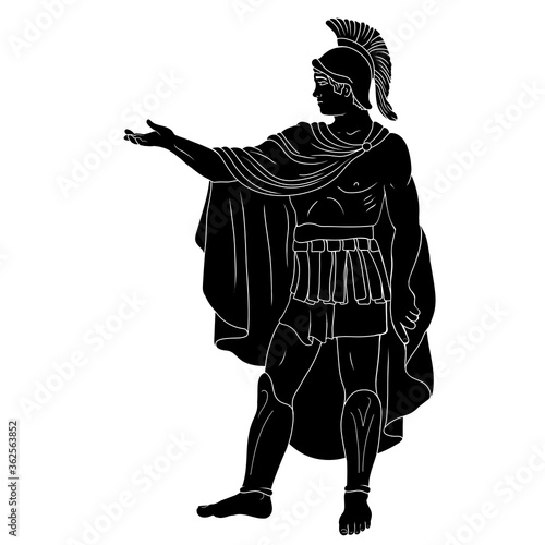 An ancient Roman legionary commander in armor and a cape and commands the soldiers. Figure isolated on a white background.