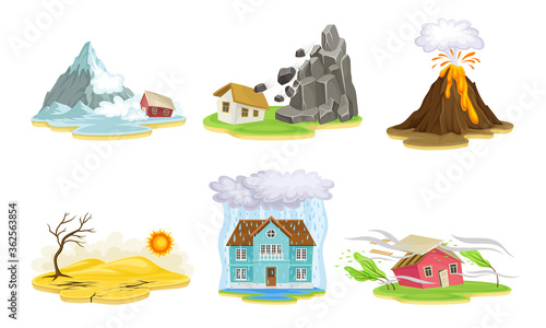 Slika na platnu Natural Cataclysms with Drought and Volcanic Eruption Vector Illustrations Set