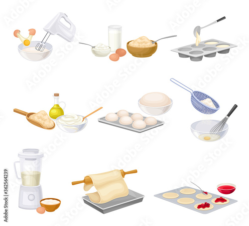 Baking Process with Doughing and Mixing Ingredients with Cookware Vector Set