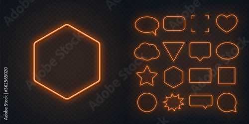 Set of orange neon frames with soft glow on a transparent background. Speech bubble, square, circle, star, triangle, heart, hexagon and other glowing neon shapes on a dark background.