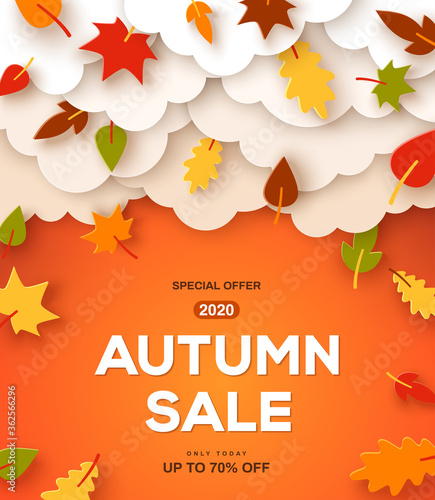 Autumn sale orange background with paper cut clouds and leaves. Shopping sale frame design, promo poster. Vector illustration. Layout template with place for text, leaflet or web banner.