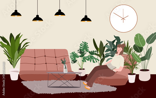 Woman read book sitting on sofa hanging lamp wall clock and many ornamental plant nearby with flat cartoon style.