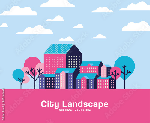 Purple blue and pink city buildings landscape with clouds and trees design  Abstract geometric architecture and urban theme Vector illustration