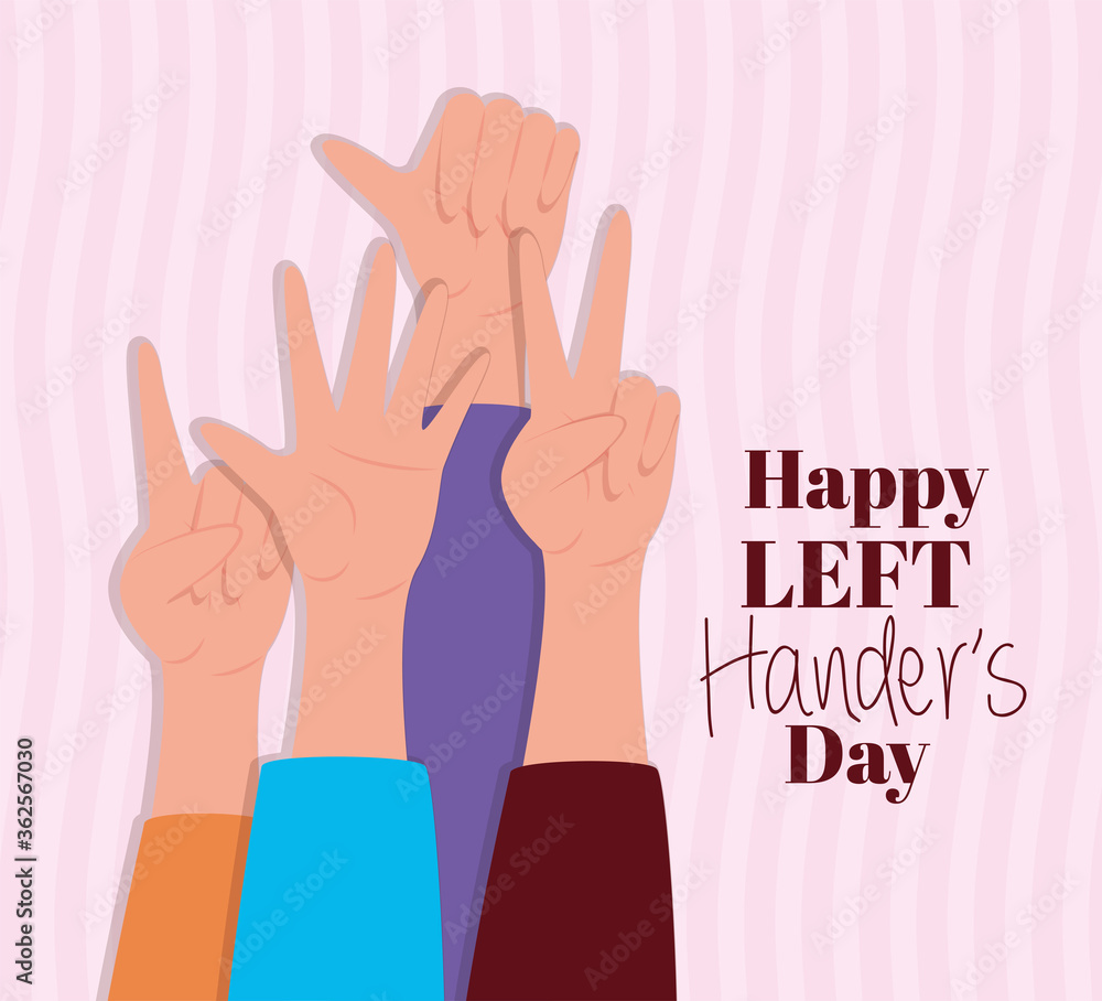 Fototapeta premium sign with hands and happy left handers day text design of Holiday and message theme Vector illustration
