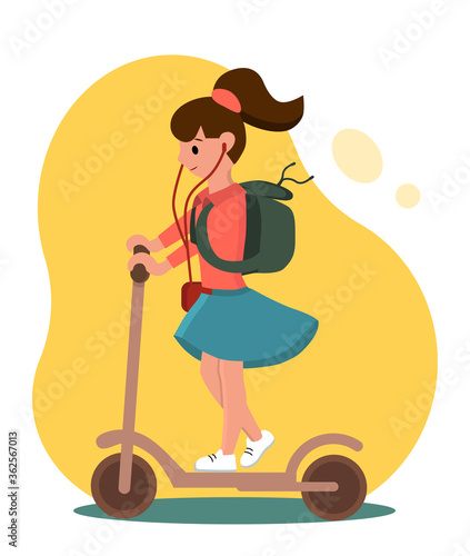 Vector illustration. A young girl with a backpack standing on a kick scooter. She is listening to music on her MP3 player.